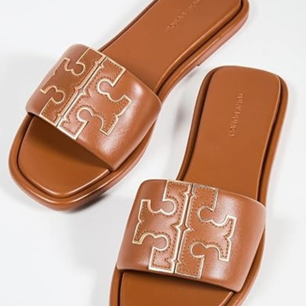 LIGHTLY USED Tory Burch Double T Slides - Brown Leather Size 10